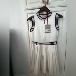 Hunter White Sleeveless Pleated Dress with Navy and Red Trim